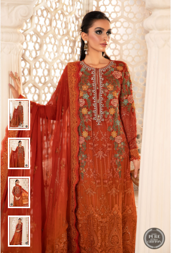 MARIA. B. Unstitched Chiffon - MPC-22-205-Burnt Orange and Rust