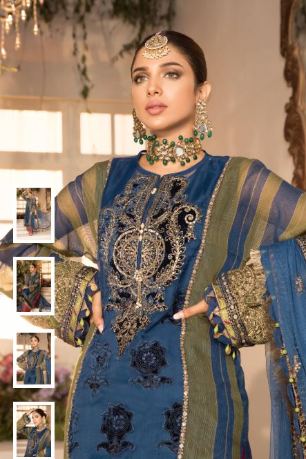 MARIA. B. Unstitched EMBROIDERED - Blue Olive green with deep Coral Pink (BD-2104)